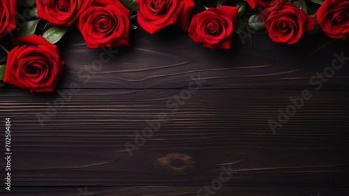 Love and Valentine s day concept made from red rose on black wooden background. Top view with copy space  flat lay - generative ai