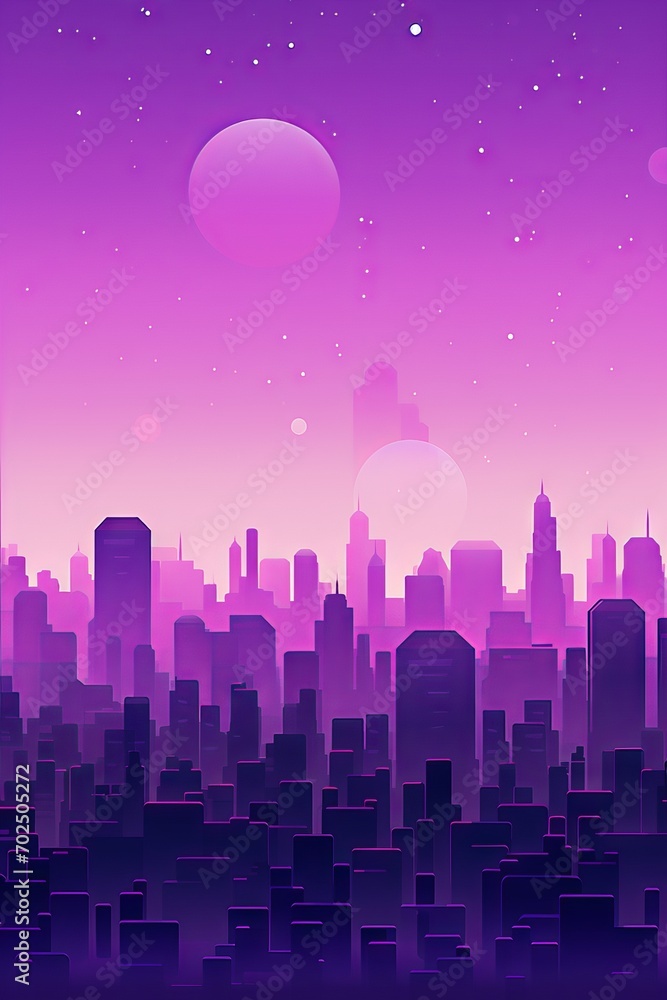 An illustration of a cityscape at sunset with a purple color scheme. 