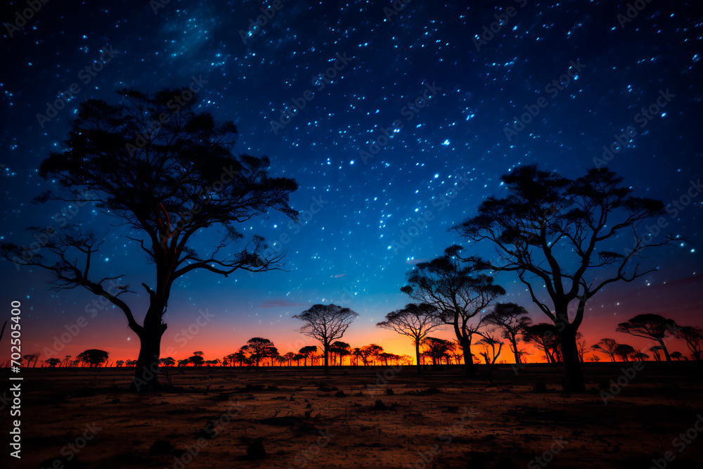 A nocturnal photograph capturing trees ablaze under a starry sky in La Pampa.
