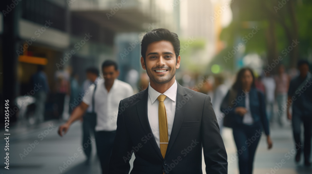 This image features a confident Asian Indian businessman in a suit, smiling as he walks through a busy city street on his way to the office, with the blurred street creating an urban vibe.