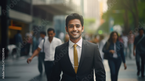 Wallpaper Mural This image features a confident Asian Indian businessman in a suit, smiling as he walks through a busy city street on his way to the office, with the blurred street creating an urban vibe. Torontodigital.ca