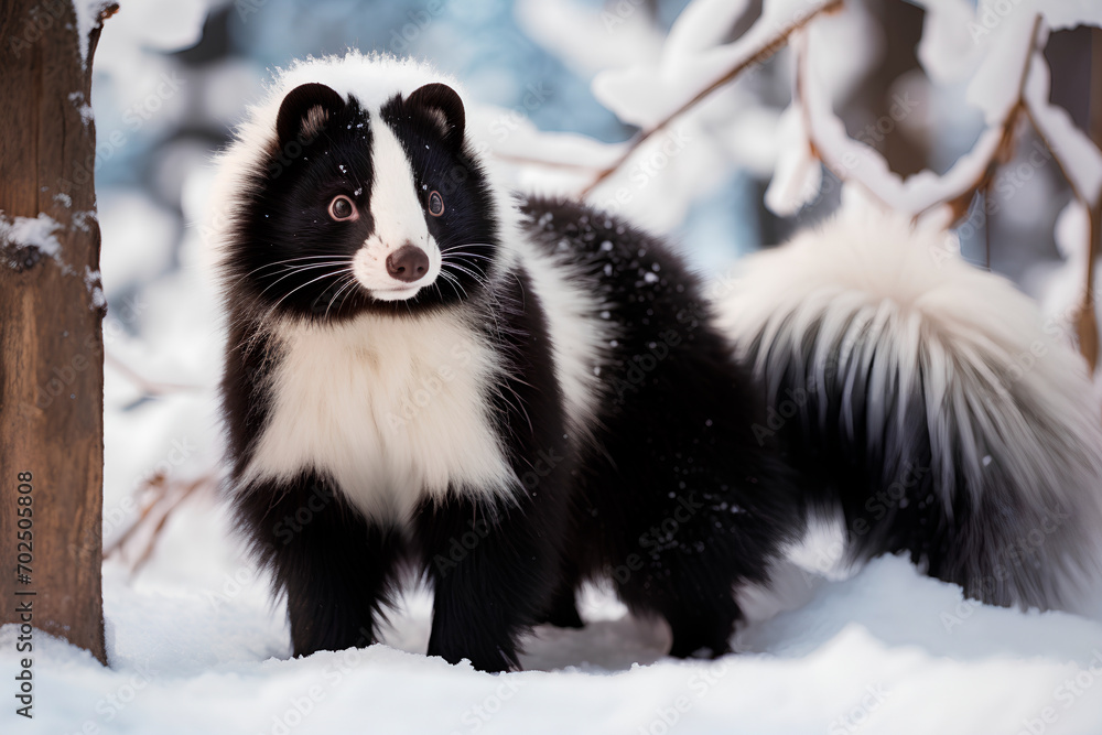 Outdoor scenes during winter featuring snow and a skunk.