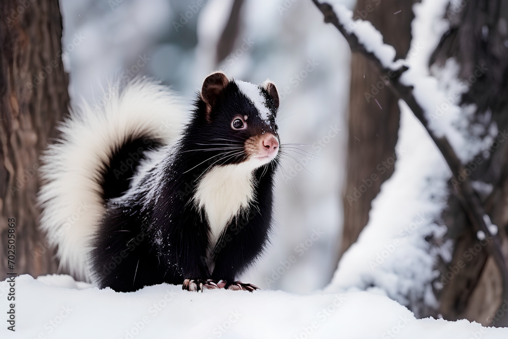 Outdoor scenes during winter featuring snow and a skunk. Outdoor scenes during winter featuring snow and a skunk.