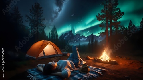 Woman Camping Under the Stars