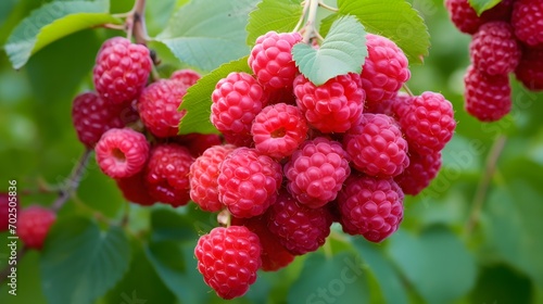 Raspberries and lilac on the bush, on a branch over trees, Fresh raspberries for sale in a garden.