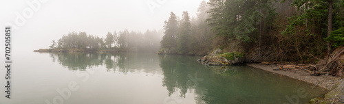Foggy morning on an island shoreline in the Salish Sea area of Washington state. Beautiful atmospheric day on the coast of Lummi Island surrounded by a fir forest and a small rocky beach.