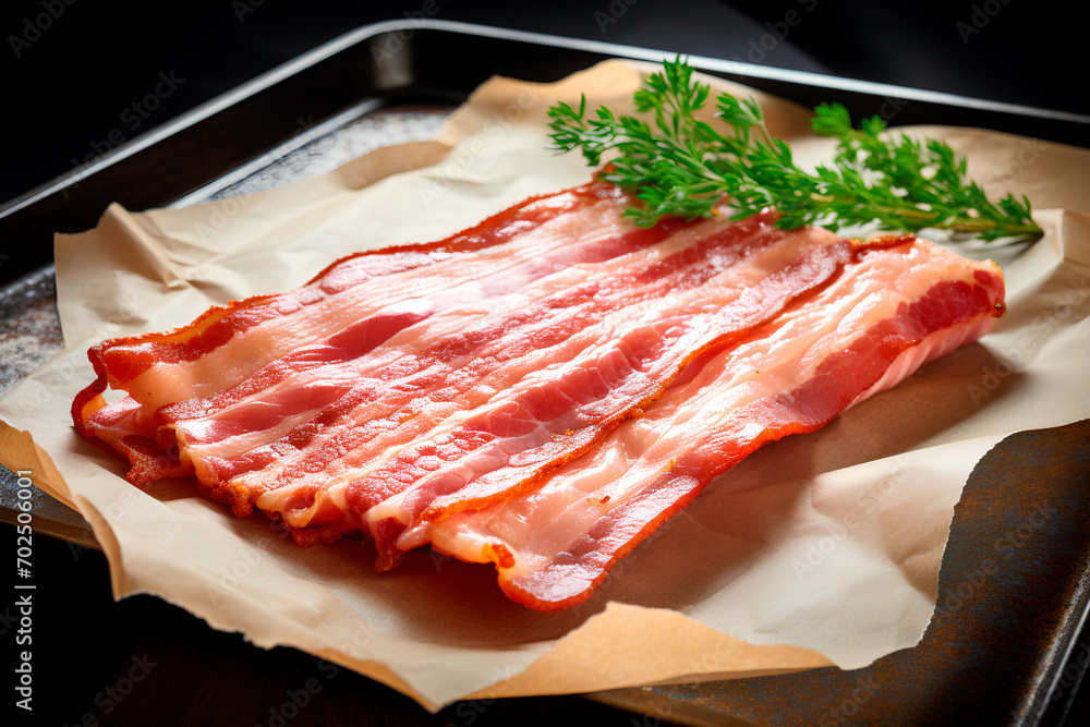 Uncooked bacon is arranged on a baking sheet lined with parchment paper, ready for preparation and cooking.