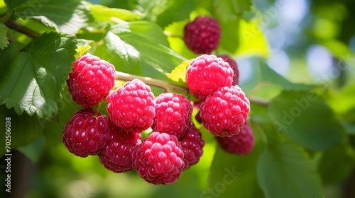 Raspberries and lilac on the bush, on a branch over trees, Fresh raspberries for sale in a garden.