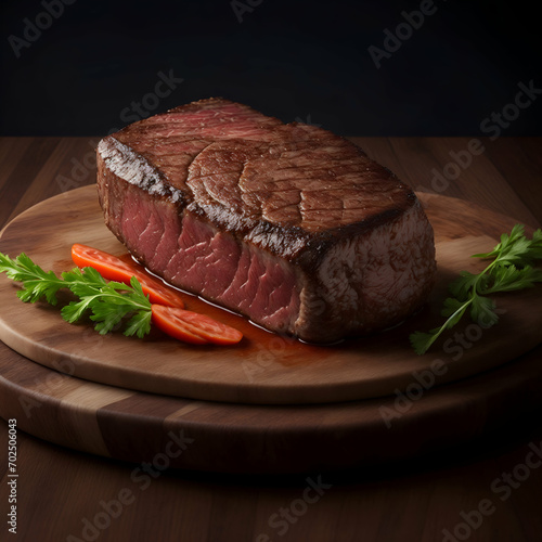 a detailed photo of cooked Meat Steak on the wooden table close-up.