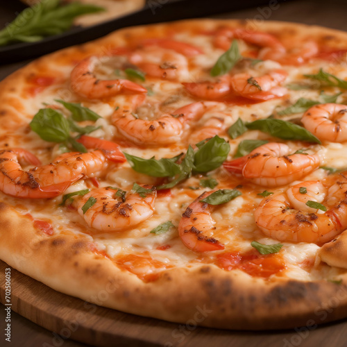 seafood pizza with shrimps on the wooden table close-up