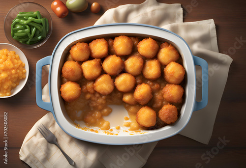 the dish Tater tots casserole on the wooden table close-up.