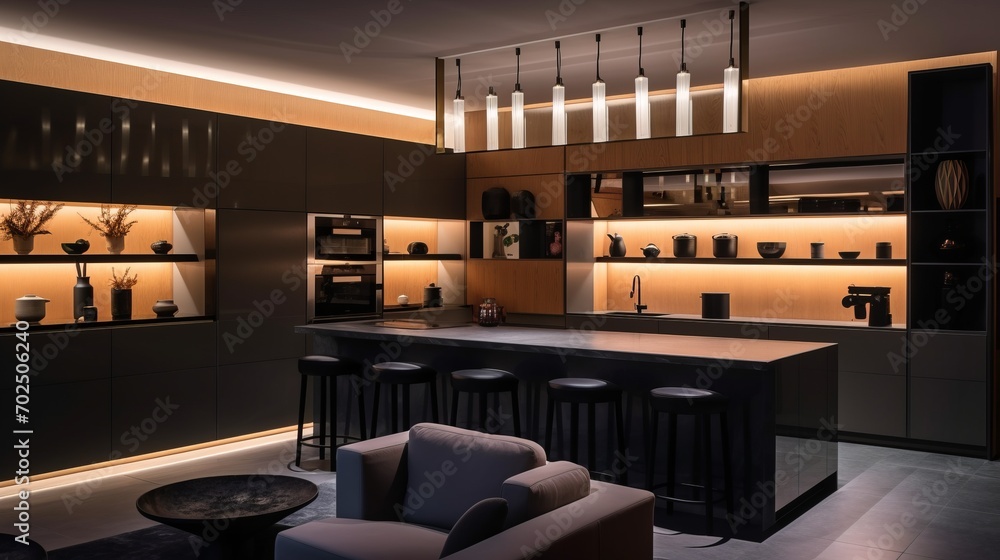 Luxury apartment with a premium contemporary kitchen loft style in dark colors. Interior design kitchen, designer lights and accesories. - obrazy, fototapety, plakaty 
