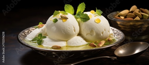 Rasmalai is a famous Indian dessert, similar to Rasgulla, made with cottage cheese. photo