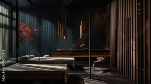 Interior design of a luxurious modern massage room. Wellness, beauty, body treatment and care concept. Moody atmosphere lgihting.