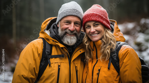 middle aged couple Hiking in Snowy Forest photo