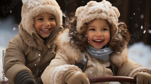 two little girls, one of them riding on the sledge on a winter day. photo