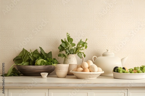 Wallpaper Mural kitchen banner with kitchen utensils, minimalism, Nordic style wood, rays of light, natural light from the window Torontodigital.ca