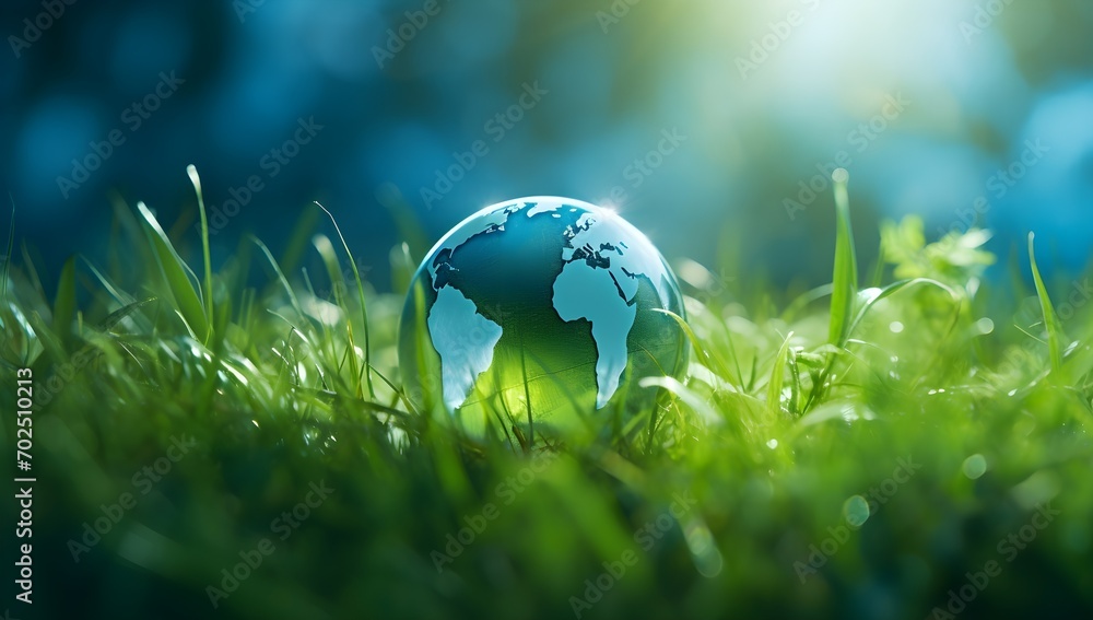 In background green globe earth in the grass. green planet earth, renewable energy light bulb with green energy AI - obrazy, fototapety, plakaty 