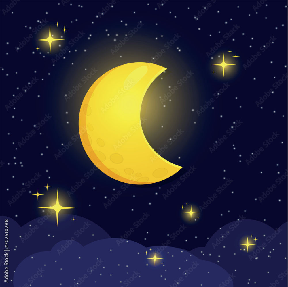 Fototapeta premium Cute cartoon moonlit night. Twinkling stars, moon, clouds. Vector illustration.