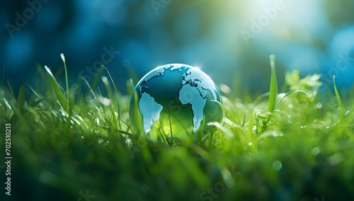 In background green globe earth in the grass. green planet earth, renewable energy light bulb with green energy AI