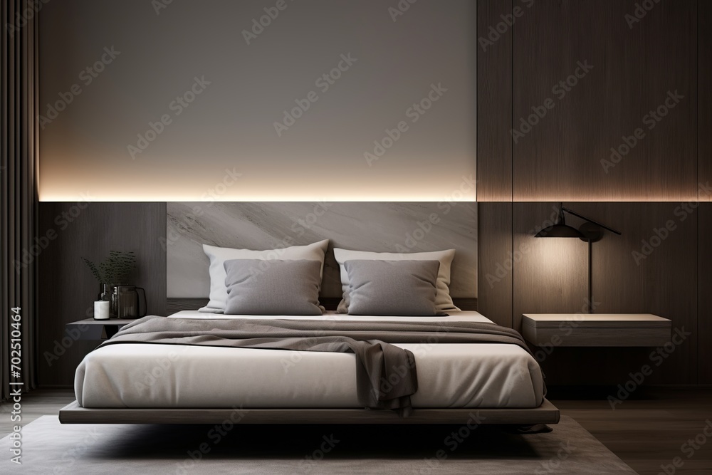 Experience the fusion of style and comfort in this minimalist bedroom, boasting a sleek floating bed frame, hidden lighting, and a soft, muted color palette. Experience the fusion of style and comfort in this minimalist bedroom, boasting a sleek floating bed frame, hidden lighting, and a soft, muted color palette.