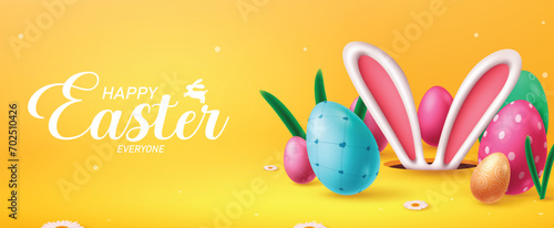 Happy easter text vector banner design. Happy easter greeting card with colorful eggs and bunny ears in yellow background for kids egg hunt celebration design. Vector illustration easter egg greeting  photo