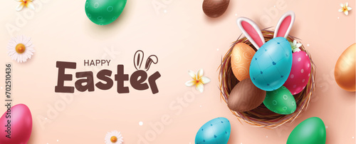 Easter greeting text vector banner. Happy easter greeting text with colorful pattern eggs and bunny ears in nest decoration elements. Vector illustration easter greeting card. 