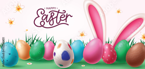 Happy easter eggs vector design. Happy easter text greeting card with bunny ears and colorful printed eggs for kids egg hunt celebration background. Vector illustration easter holiday greeting card. 
