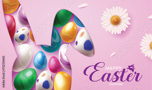 Happy easter greeting vector design. Happy easter text greeting in purple background with papercut bunny shape and colorful printed eggs decoration elements. Vector illustration easter egg greeting 