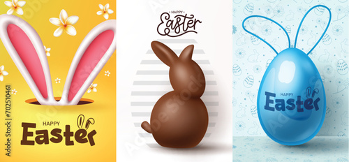 Happy easter greeting card poster vector set. Happy easter greeting card with bunny ears, chocolate rabbit and blue egg shell decoration elements. Vector illustration easter holiday greeting card. 
