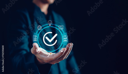 Standards quality assurance control standardization and certification concept. Service guarantee, Proposal, ISO certificate, technology systems management, Assured, Value, Business, Checked icon.