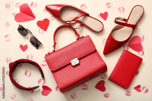 Composition with stylish female accessories, shoes and lipstick kiss marks on color background. Valentine's Day celebration