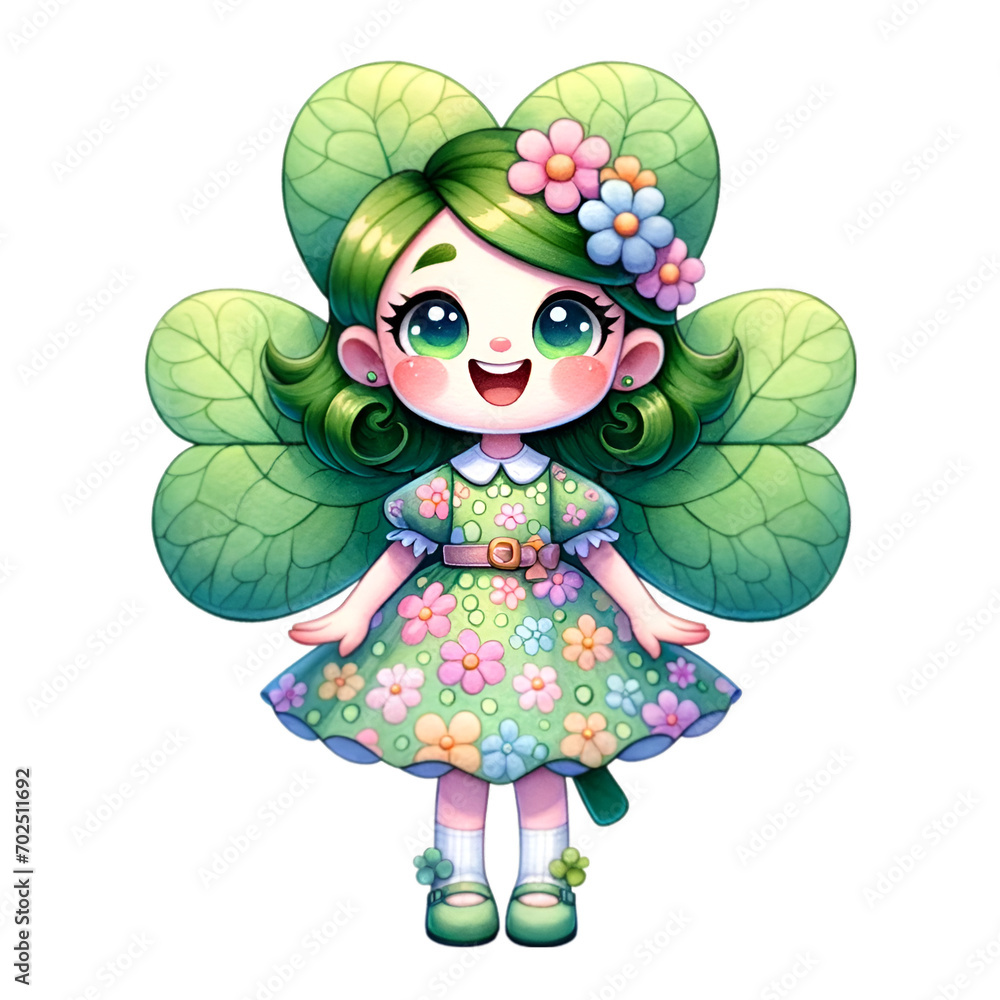 Watercolor of a clover girl character design, featuring her wearing a cute dress and symbolizing luck. Watercolor of a clover girl character design, featuring her wearing a cute dress and symbolizing luck.