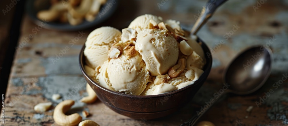 Vegan banana ice cream with tahina, topped with cashew nuts. Vegan banana ice cream with tahina, topped with cashew nuts.