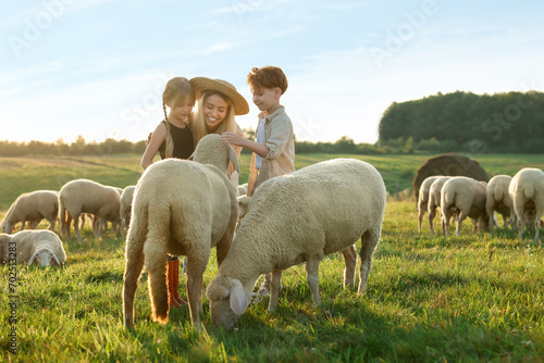 Mother and children stroking sheep on pasture. Farm animals photo