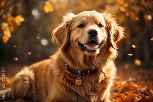 A joyful golden retriever with a beaming smile  basking in the warm glow of an abstract background.  