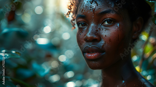 Close-up of a young woman with water droplets on her face, standing in a lush forest with soft bokeh lights in the background.