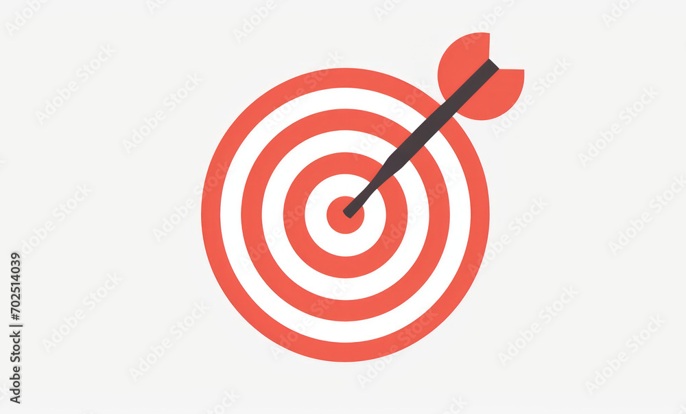 An icon of an arrow hitting a target. Plain color background. White background, simple flat colors. Success or achieving a goal.