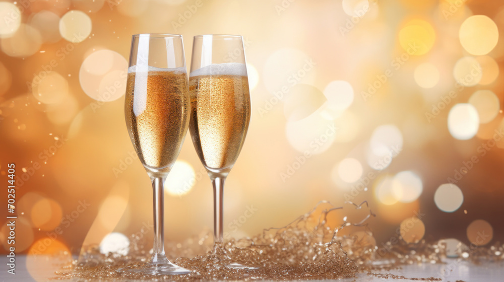 Two glasses of champagne toasting against a glowing golden bokeh background, symbolizing celebration. Two glasses of champagne toasting against a glowing golden bokeh background, symbolizing celebration.