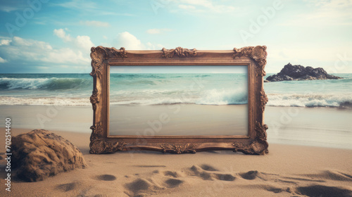 Vintage ornate picture frame standing on a sandy beach with ocean waves in the background.