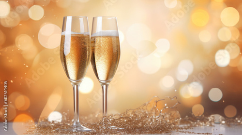 Two glasses of champagne toasting against a glowing golden bokeh background, symbolizing celebration.