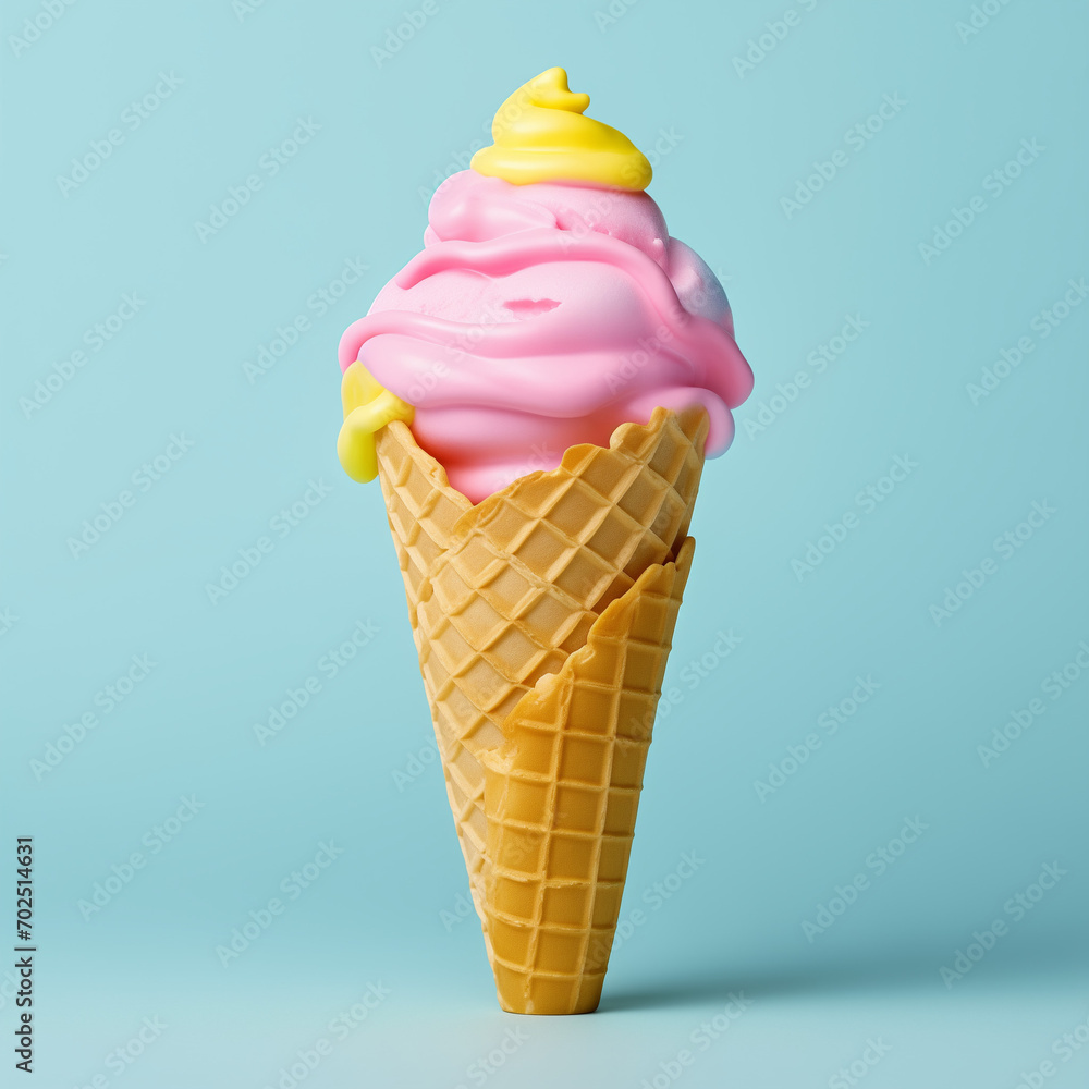 Pink and yellow Ice cream in waffle cone on blue background. Pink and yellow Ice cream in waffle cone on blue background.