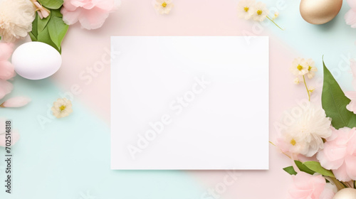 A fresh spring concept showcasing white and gold Easter eggs amidst soft pink blossoms on a pastel pink backdrop.