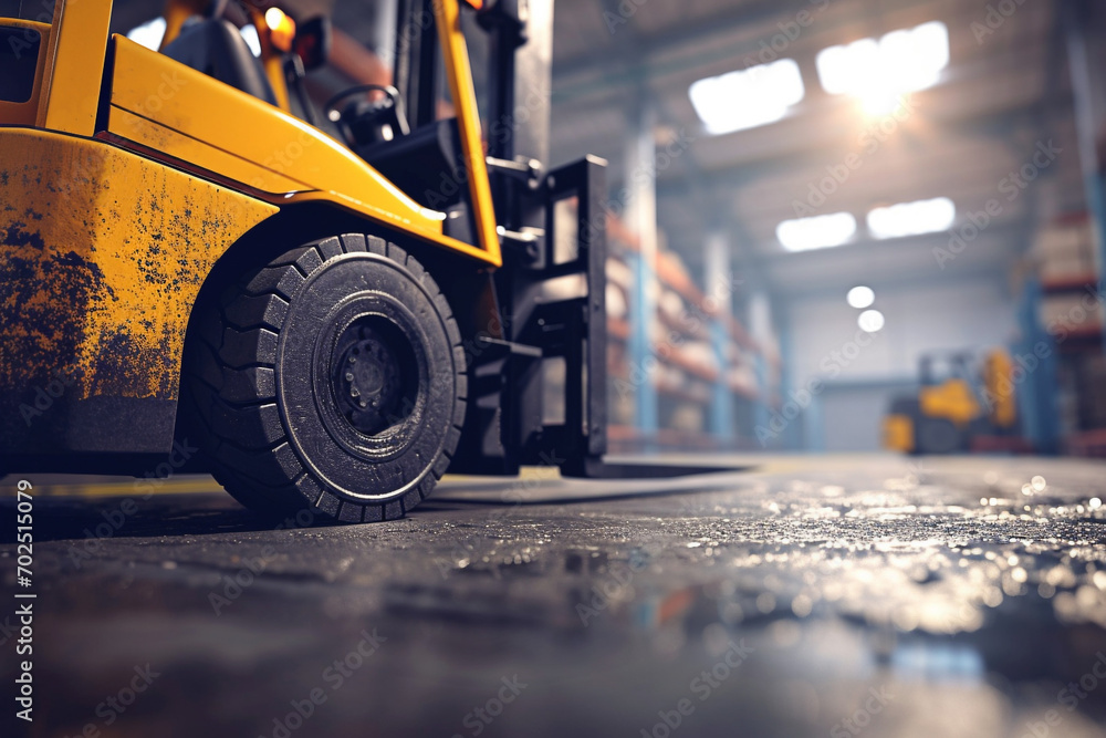 yellow forklift in motion in warehouse. Forklift between storage shelves, reliable heavy loader, truck. Heavy duty equipment, forklift.  AI Generated - obrazy, fototapety, plakaty 