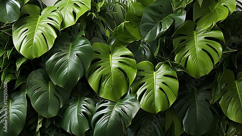 Dark green leaves of monstera or split-leaf philodendron (Monstera deliciosa) the tropical foliage plant growing in wild isolated on white background : Generative AI photo