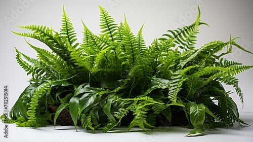Green leaves tropical foliage plant bush of cascading Fishtail fern or forked giant sword fern (Nephrolepis spp.) the shade garden landscaping shrub plant isolated on white background : Generative AI photo