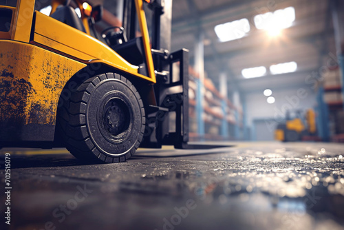 yellow forklift in motion in warehouse. Forklift between storage shelves, reliable heavy loader, truck. Heavy duty equipment, forklift. AI Generated