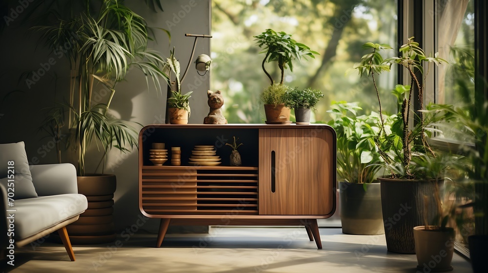 Nice and retro space of home interior with vintage cupboard with elegant gold accessories, a lot of plants in stylish pots. Cozy home decor. Minimalistic concept. Home garden. Copy spa : Generative AI