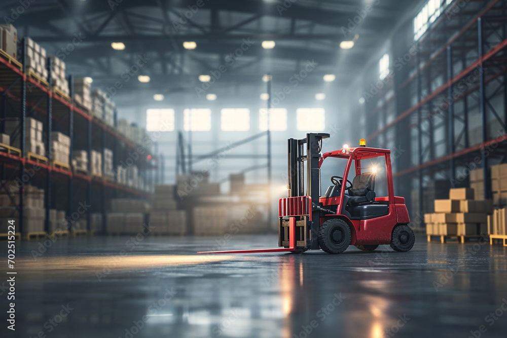 Red forklift in motion in warehouse. Forklift between storage shelves, reliable heavy loader, truck. Heavy duty equipment, forklift.  AI Generated
