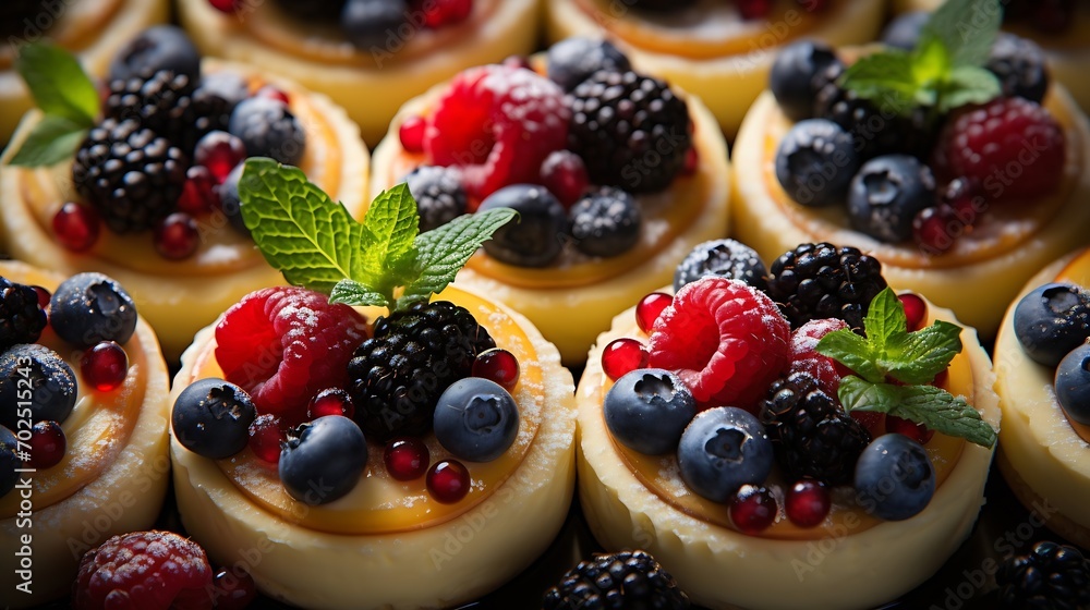 Top view of homemade vanilla custard tarts topped with rasperries and blueberries. : Generative AI Top view of homemade vanilla custard tarts topped with rasperries and blueberries. : Generative AI